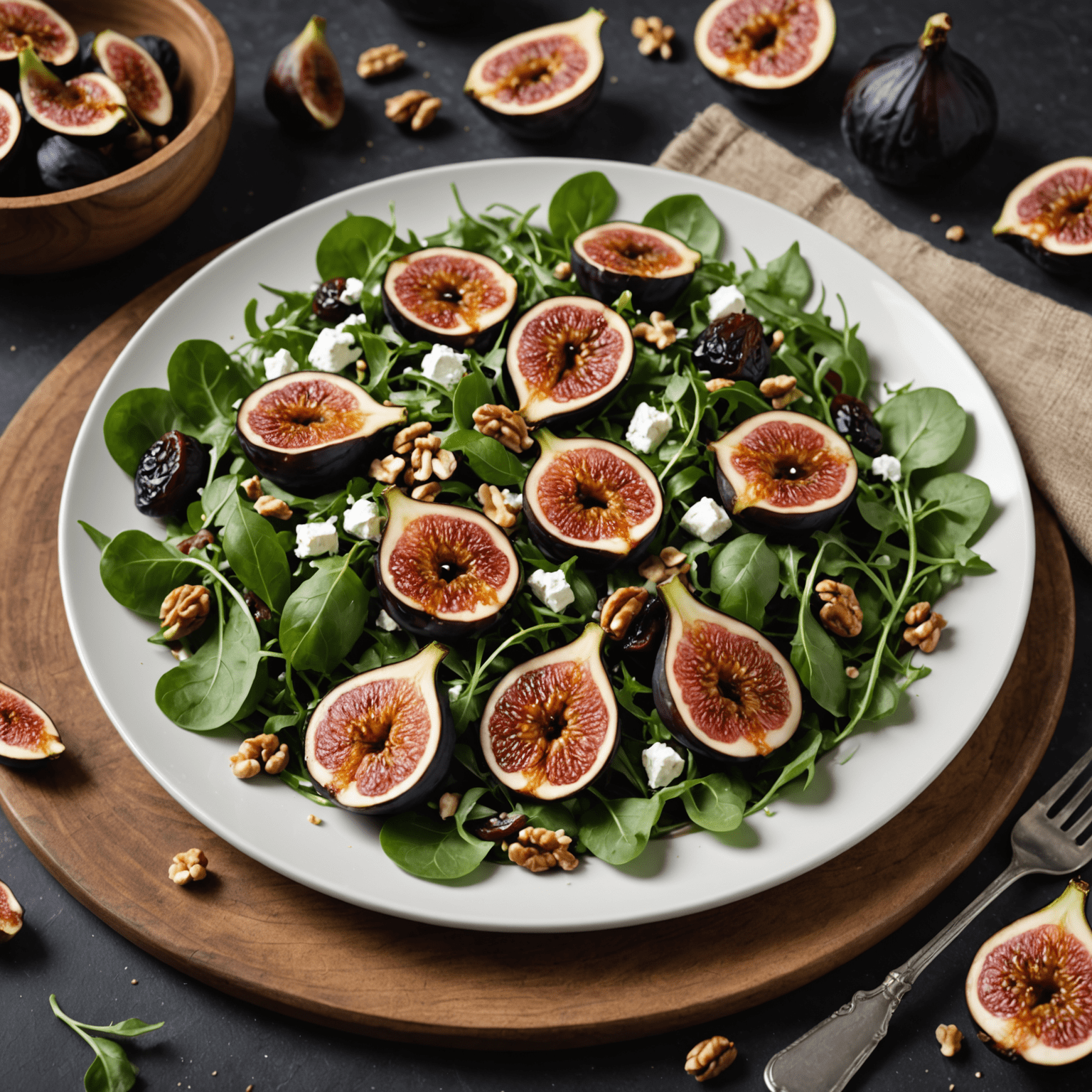 Karamelize incir dilimleri, yumuşak keçi peyniri parçaları, taze roka yaprakları ve ceviz ile süslenmiş şık bir salata tabağı