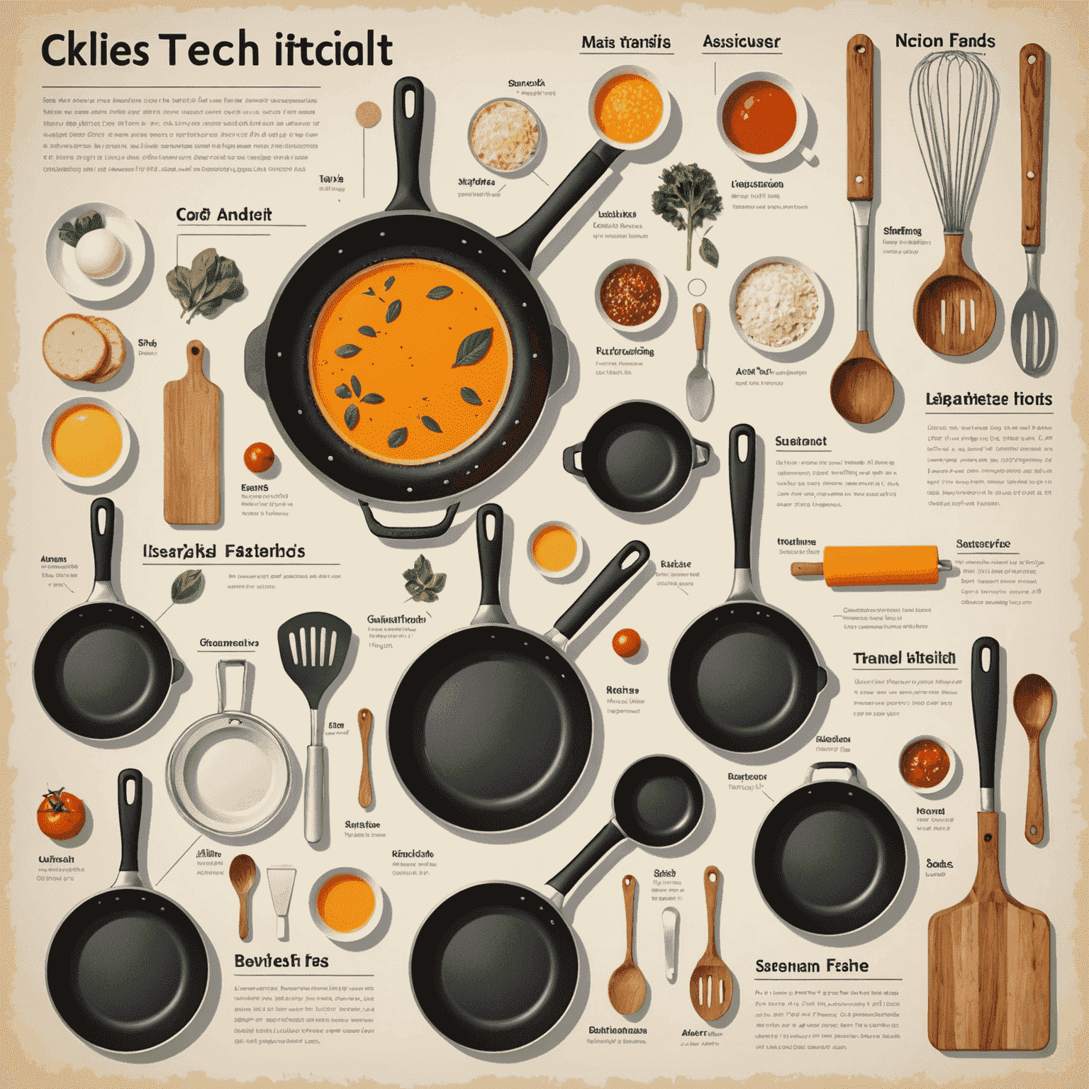 Çeşitli pişirme teknikleri ve mutfak aletlerini gösteren bir infografik görseli.