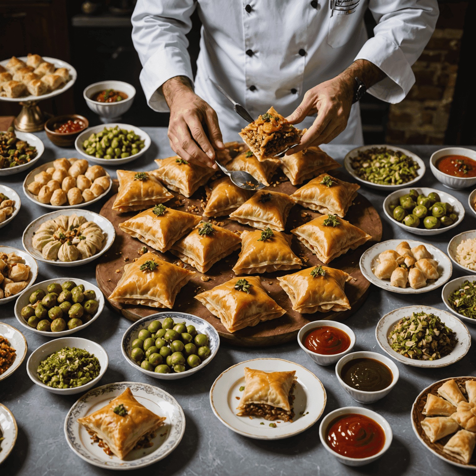 Geleneksel Türk mutfağından çeşitli yemeklerle dolu bir sofra. Bir şef, baklava yapımını gösteriyor.